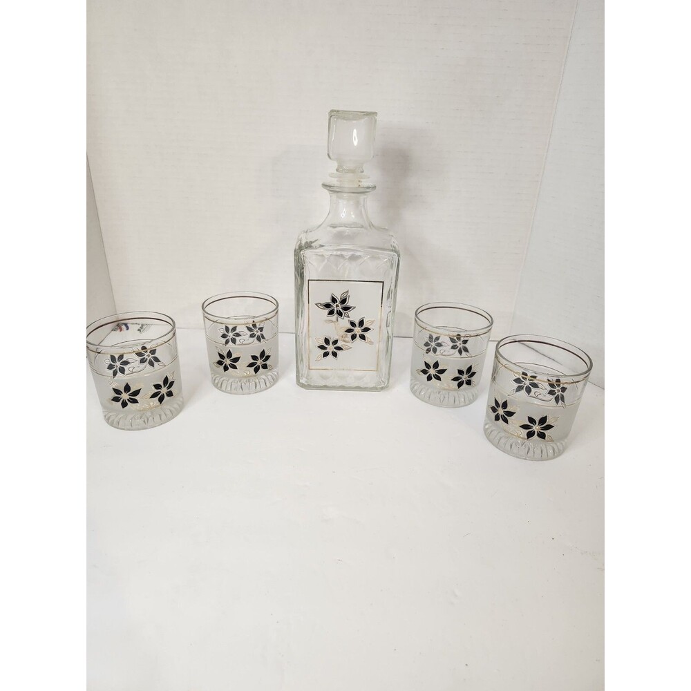 Vintage Decover Italy 6 Piece Decanter Set 1970's Black Floral Frosted Pattern